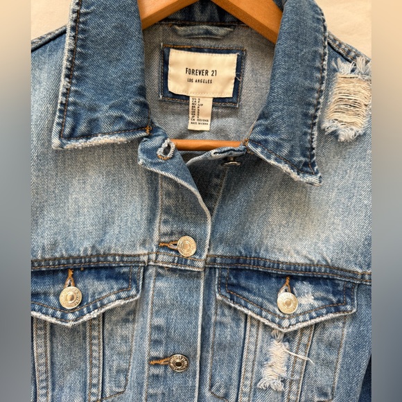 Forever 21 J’adore Le Rock N’ Roll Distressed Blue Denim Jean Jacket Small - Picture 13 of 13